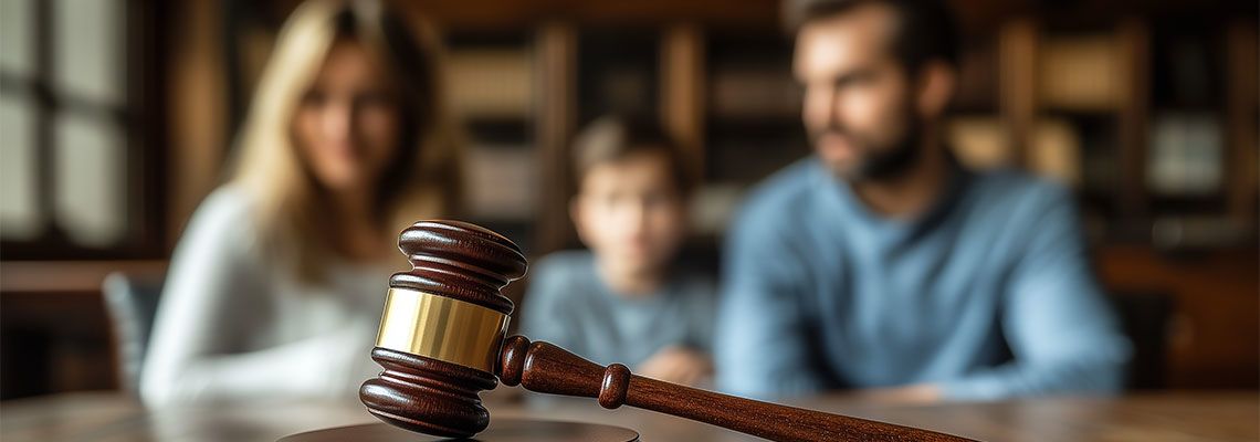 Gavel in table with divorced parents and child in background