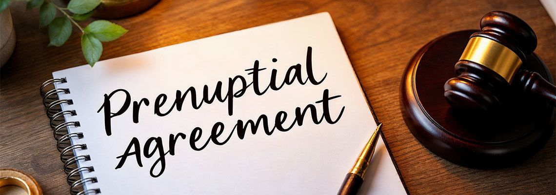 Prenuptial Agreement document and gavel on table