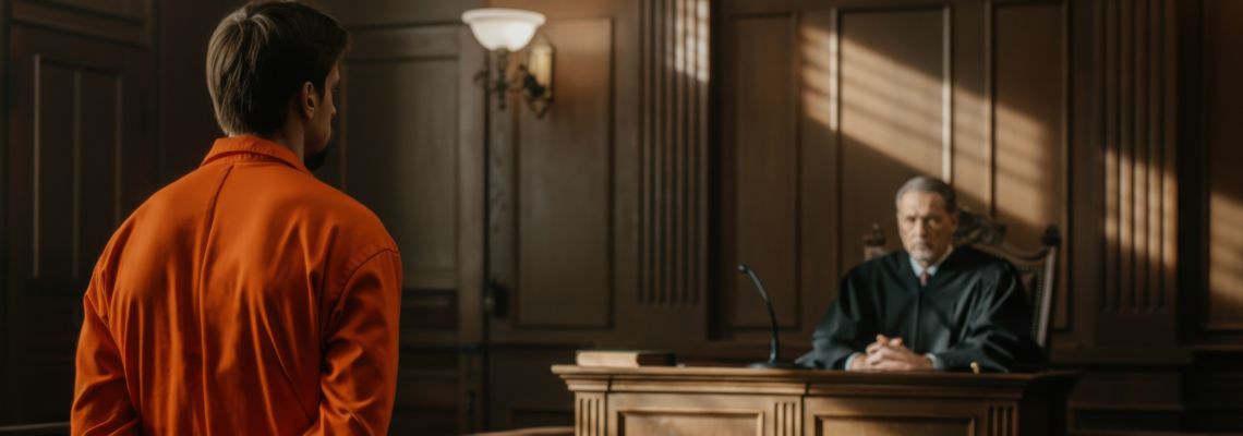 Man in orange jumpsuit stands at courtroom podium facing a stern judge