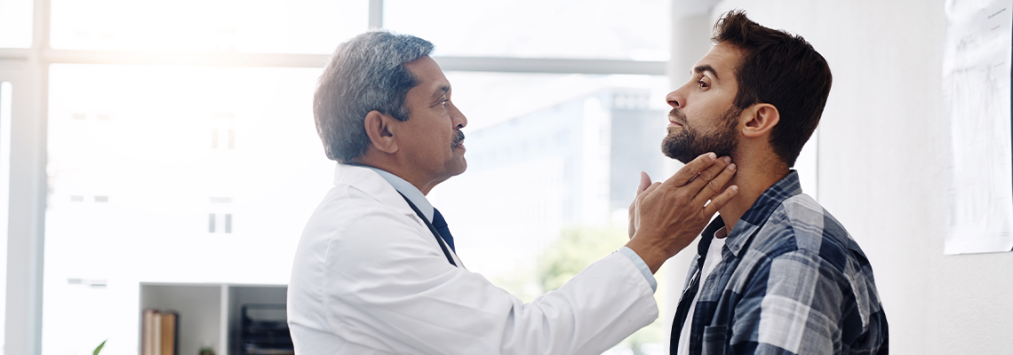 Healthcare, consultation and doctor checking throat of patient with advice