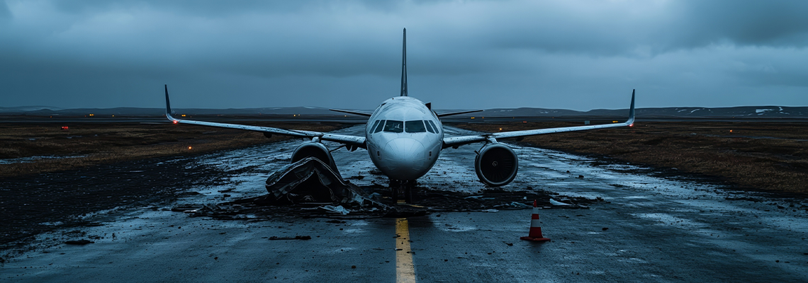 Damaged airplane door resting on the runway with scattered debris