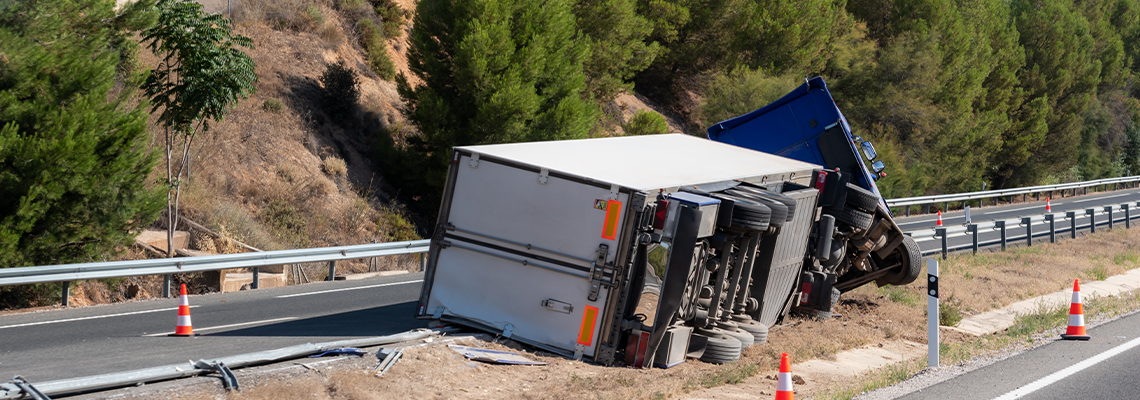 Truck with an accident refrigerated semi-trailer
