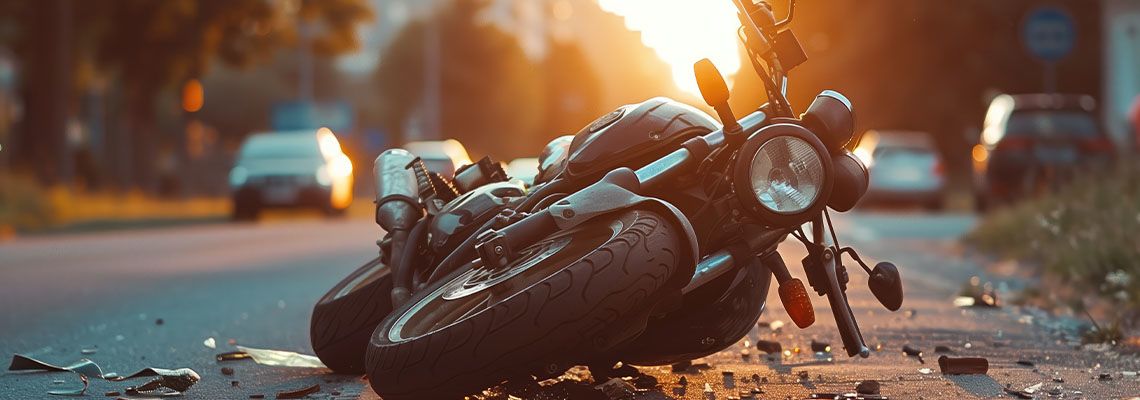 Damaged motorcycle on road after accident