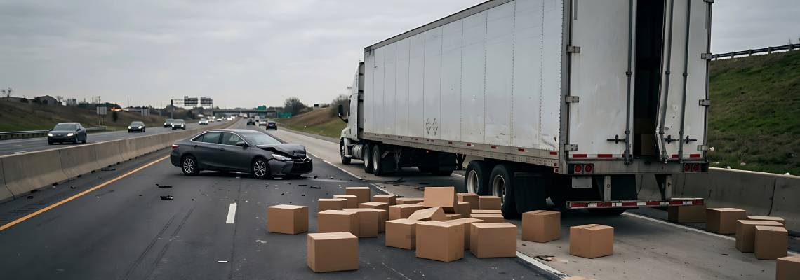 Truck crash on highway with cargo boxes on road