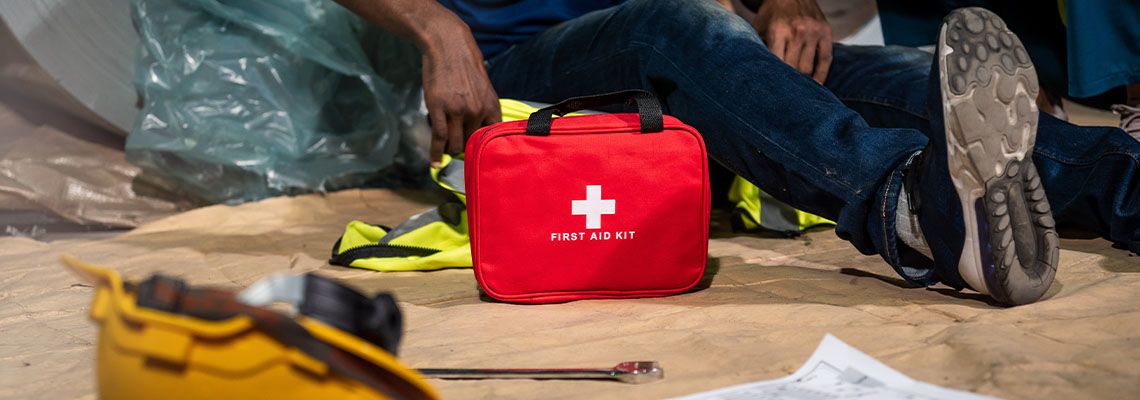 Hard helmet, First Aid Bag and injured worker