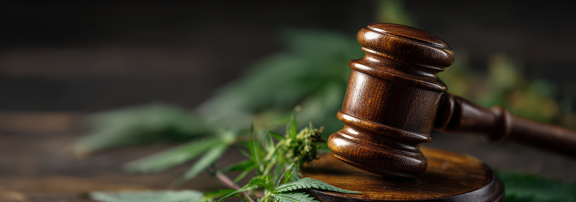 Gavel of Judge on Marijuana Leaves Closeup