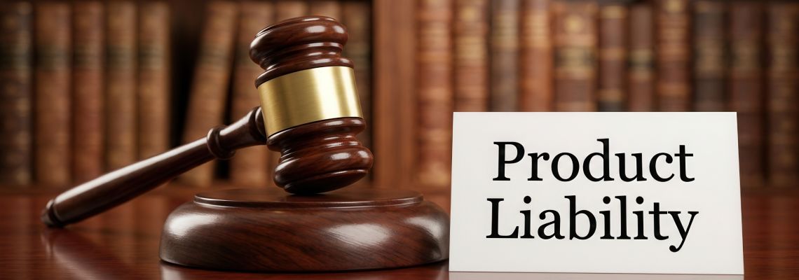 Product Liability sign on desk with gavel