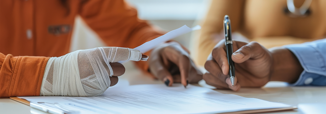 An individual with an injured, bandaged hand fills out a form