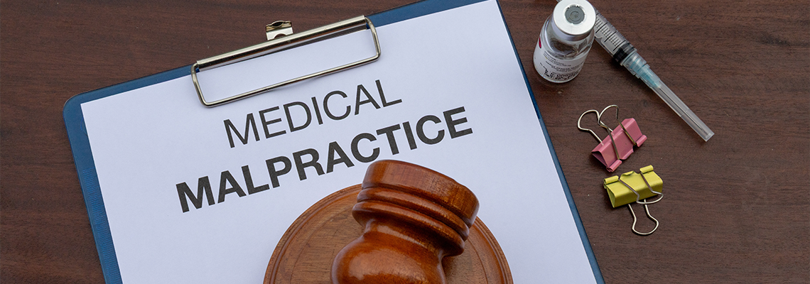A legal document on medical malpractice is placed in a clipboard