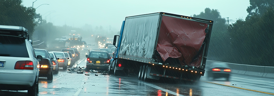 A semi-trailer truck crashed on a wet freeway