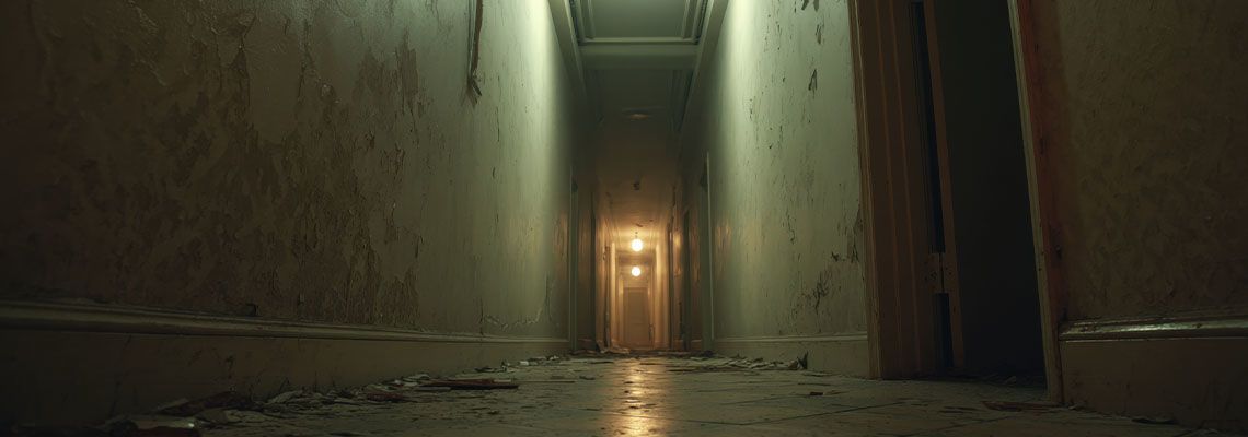 Hallway with Dim Lighting and Damage