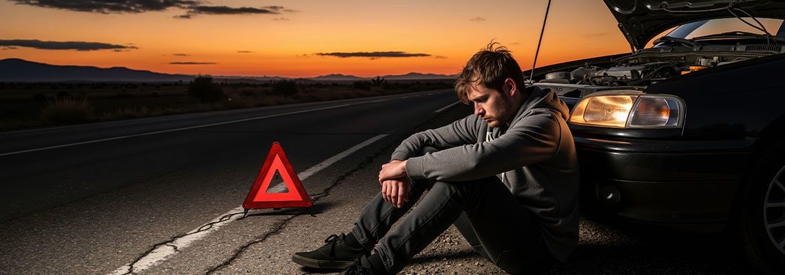 Man sitting on road besides his broken-down car