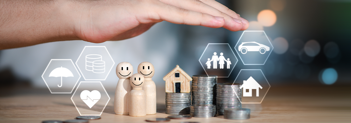 Financial family planning concept with coins, wooden figures, and insurance icons