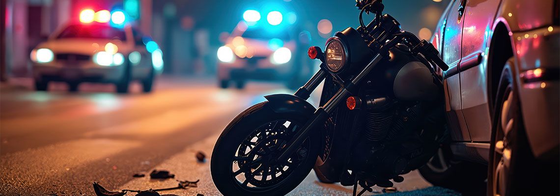 Collision between car and motorcycle during nighttime