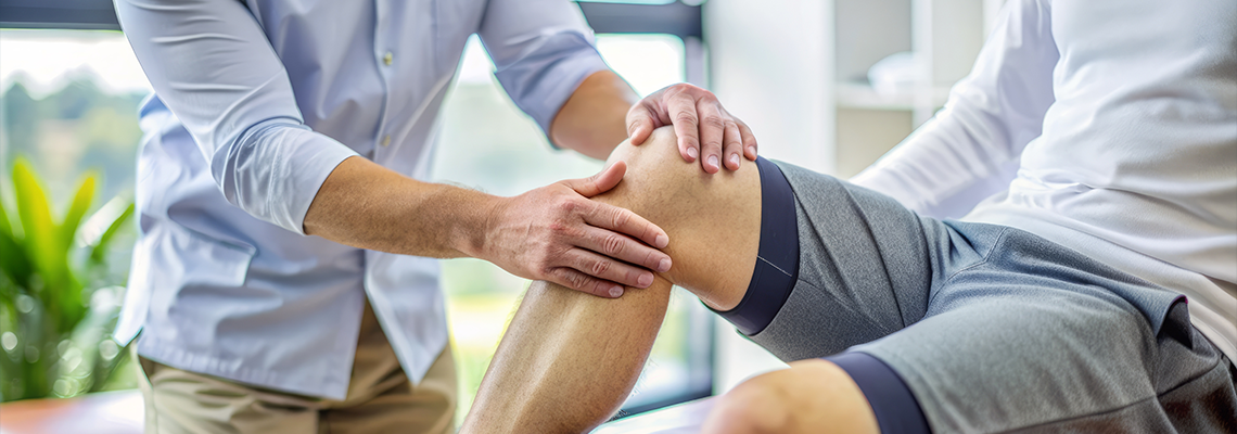 Physical therapist's gentle hands palpate a patient's knee joint