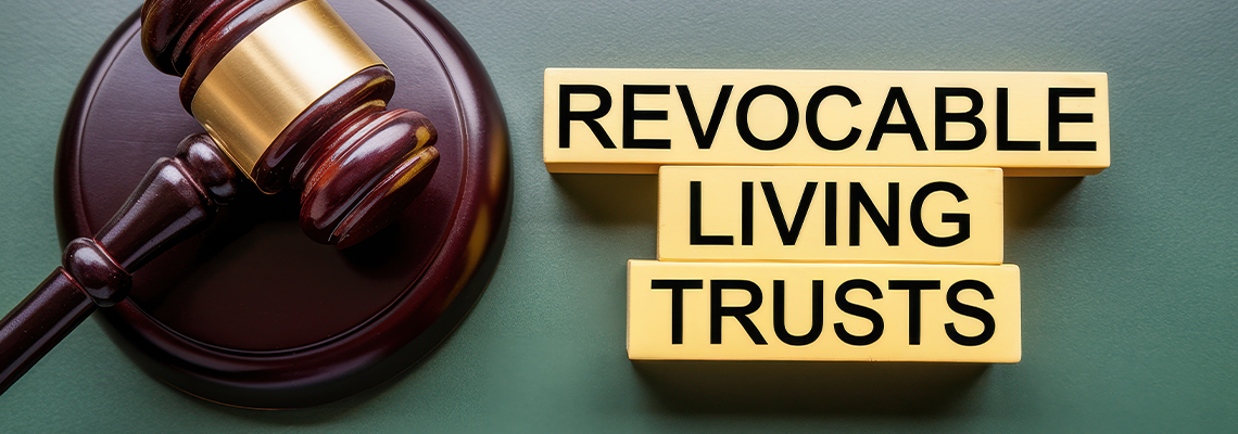 Wooden gavel rests next to blocks spelling revocable living trusts