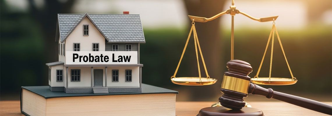 Probate Law word on house model with gavel and scale of justice
