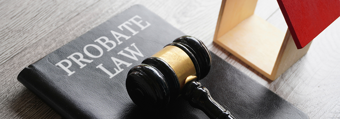 Toy house, gavel and text PROBATE LAW