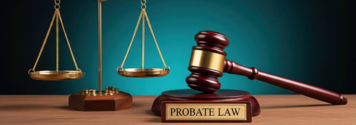 Probate Law board, gavel and scale of justice in table
