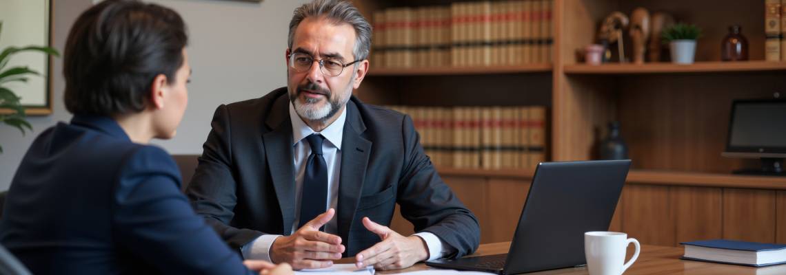 Man, consulting with an attorney at office