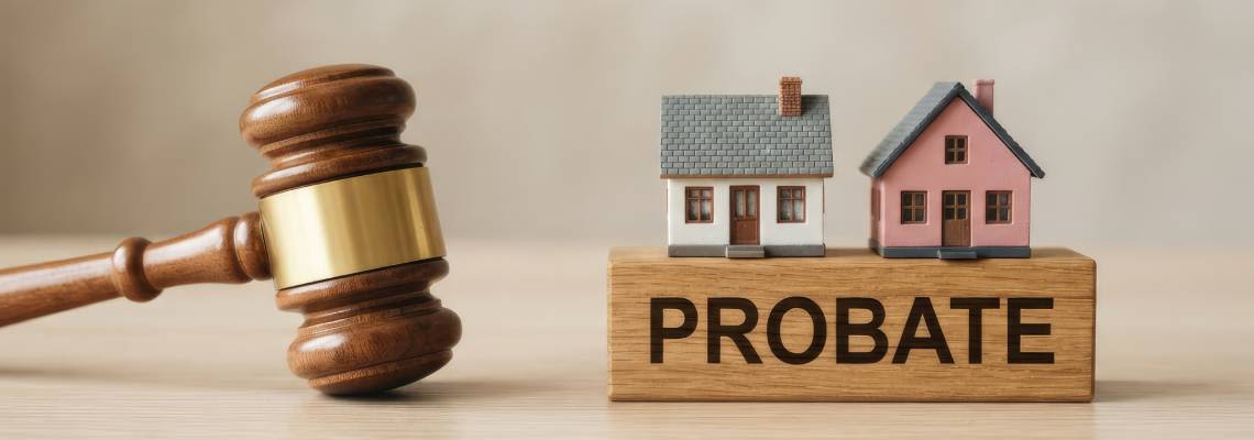 Probate Law text on wooden block, house model and gavel