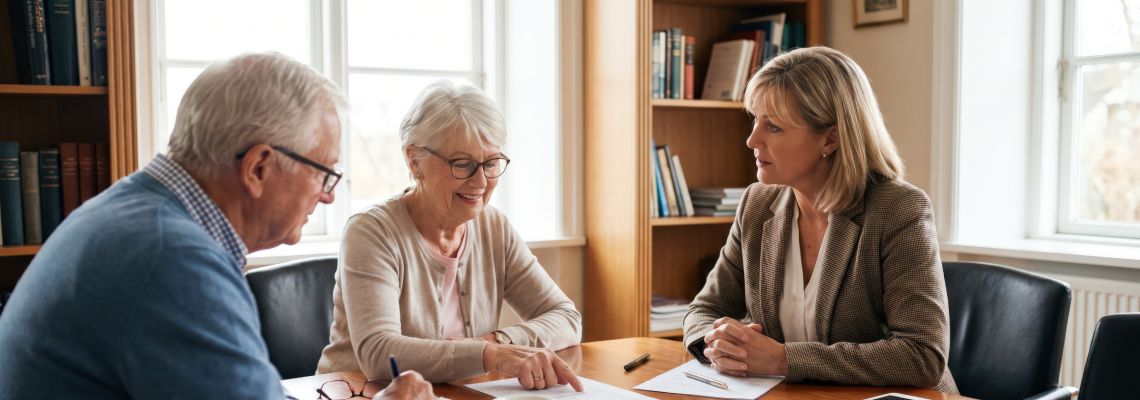 Senior couple consulting with attorney