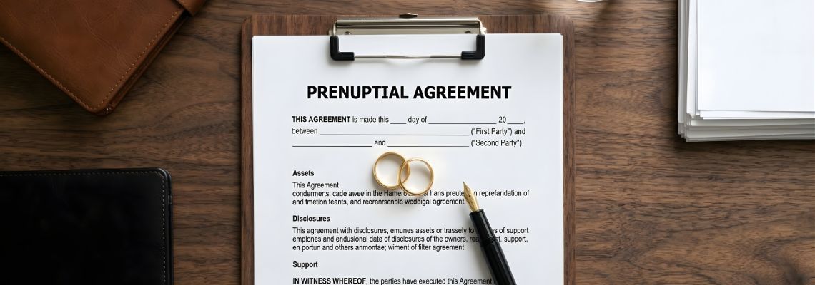 Prenuptial agreement document with wedding rings and pen