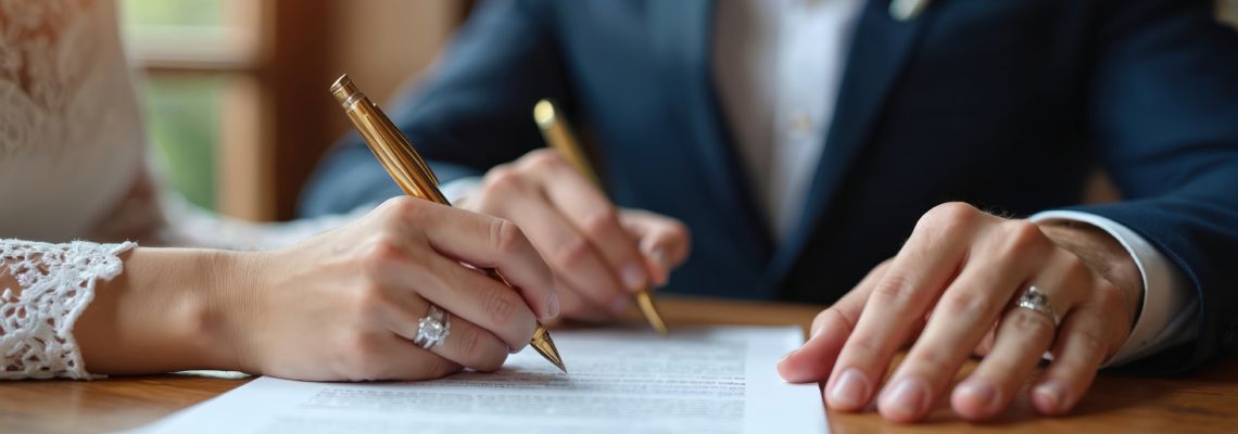 Couples signing pre/post nuptial agreement