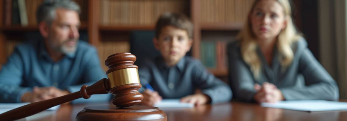 Gavel on table with divorced parent and child in background