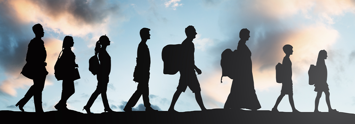 Refugees People With Luggage Walking In A Row