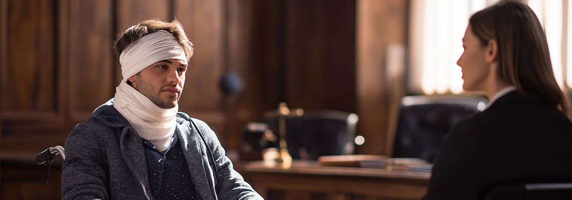 Injured Man in a Wheelchair Talking to His Lawyer