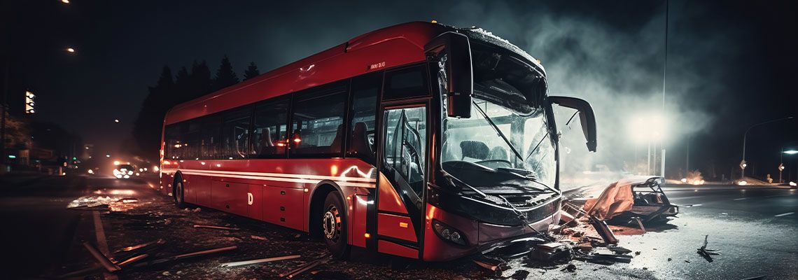 Damaged bus after accident in road