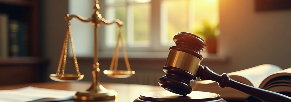 Gavel and Scale of justice in table