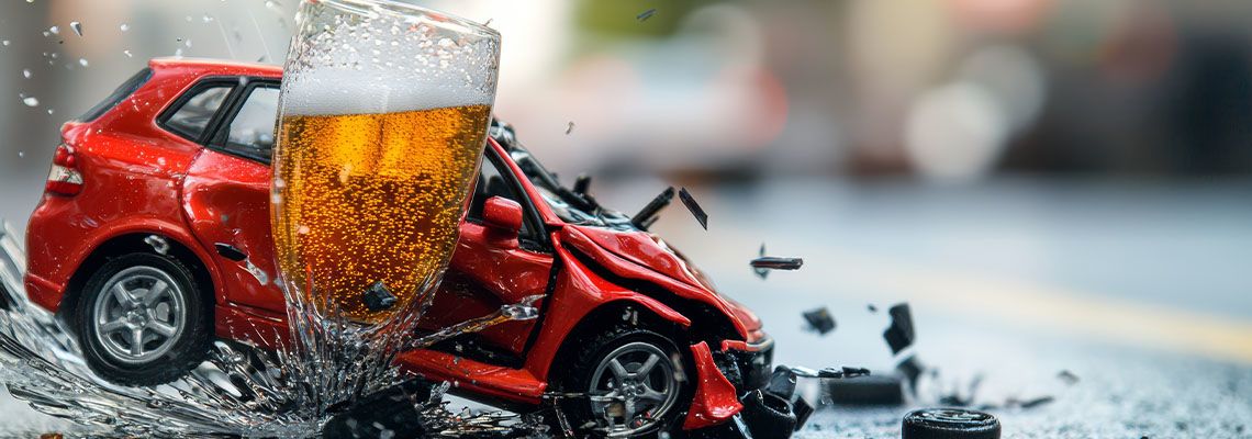 Close up of car model and beer glass colliding on road