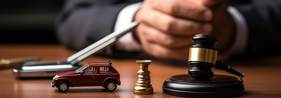 A gavel, car model, and seal rest on a table