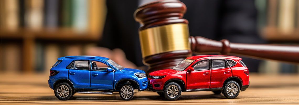 Gavel with two model cars colliding in desk