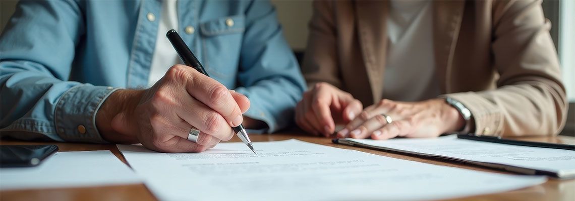 Elderly couples signing document in table