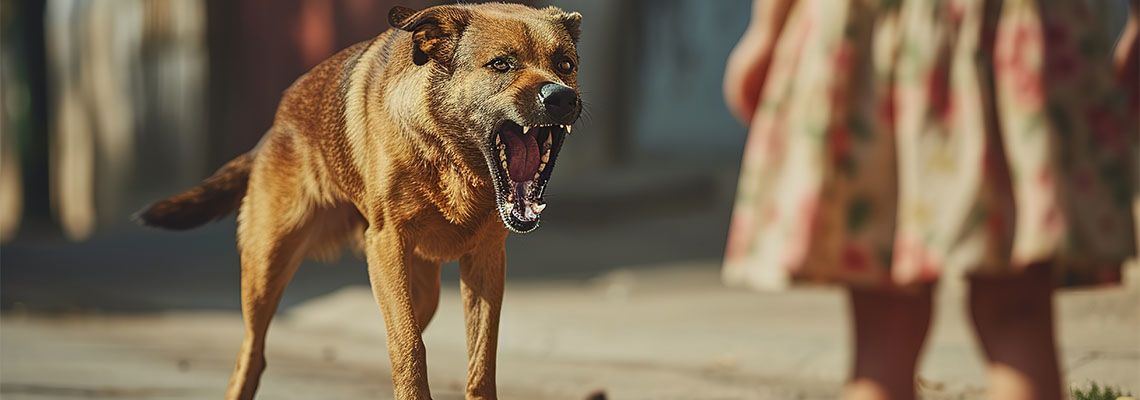 Aggressive dog barking at little girl in floral dress