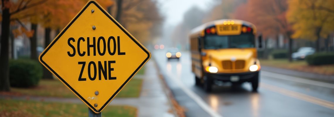 Yellow school zone sign roadside