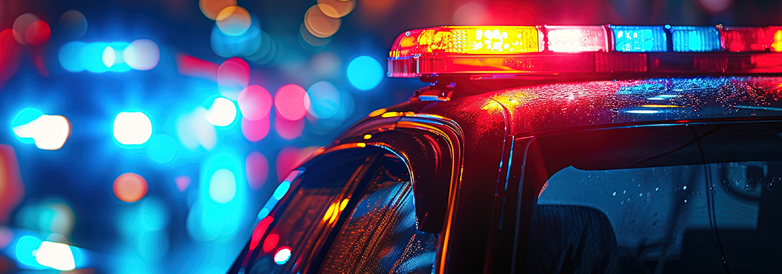 Closeup photo of police lights shining red and blue during patrol