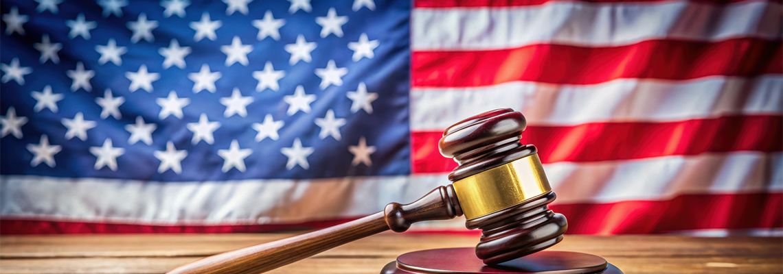 Gavel in desk with flag of USA in the background