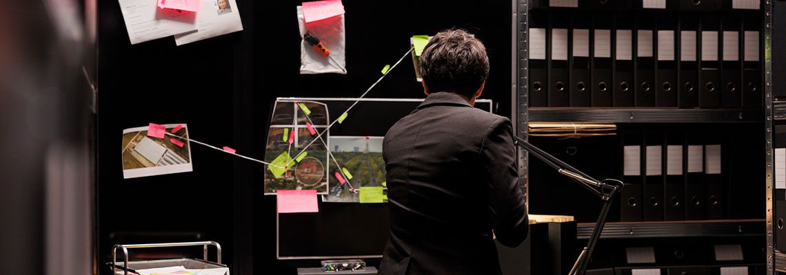 Federal agent looking at investigation board