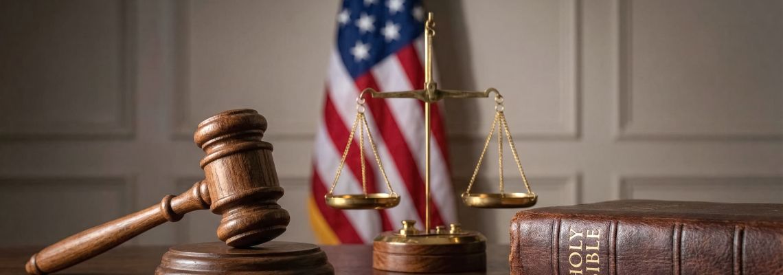 Gavel, Scale of Justice with flag of USA in courtroom