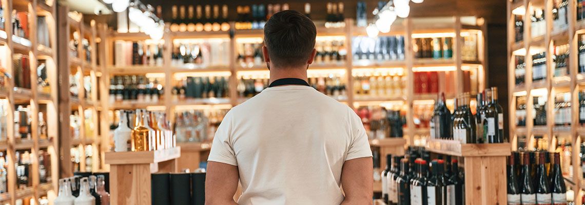 Alcohol shop owner looking at his shop