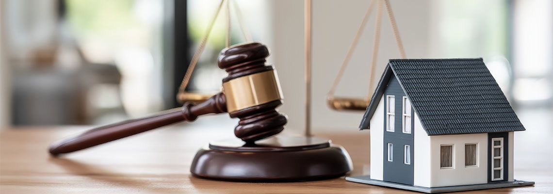 Gavel, house model, and scale of justice