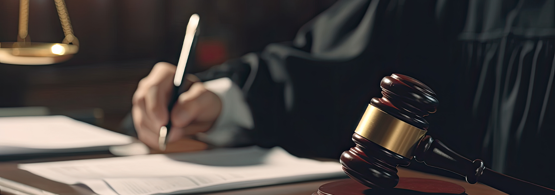 Judge in court room writing report judge hammer