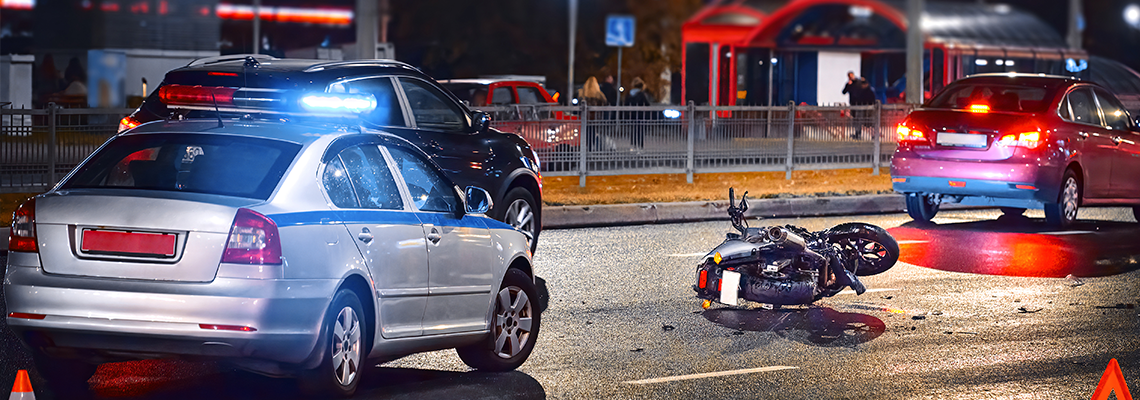 Traffic police car with blue flashing lights investigate moto collision