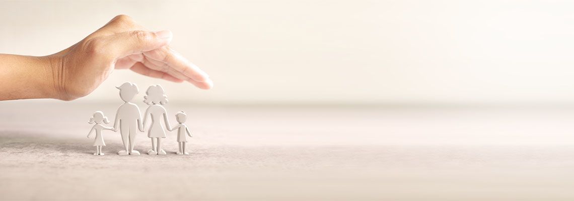 Family protection by insurance and child care concept