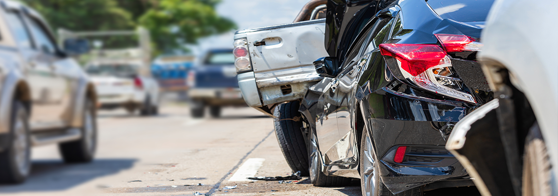 Modern car accident involving many cars on the road in Thailand