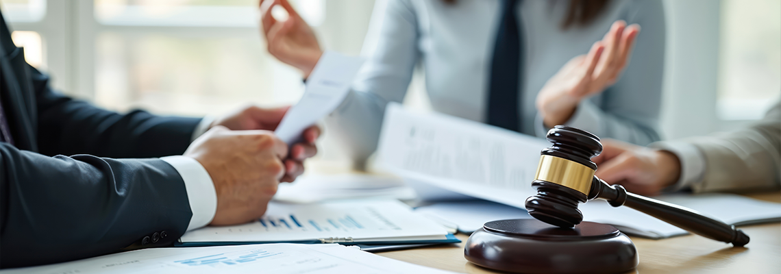 Insurance people analyze documents, consult lawyers